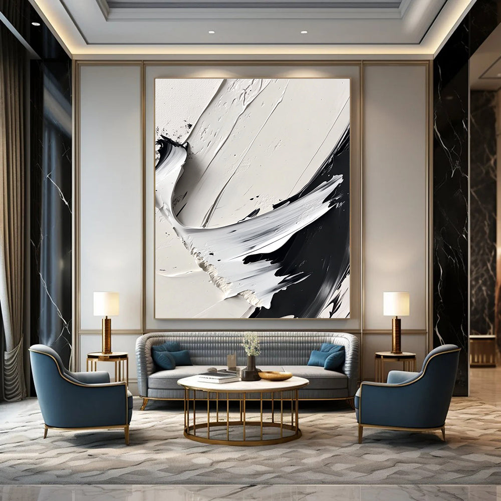 Large abstract painting featuring dynamic brush strokes in monochrome, high contrast, sharp edges, and soft blurred areas creating depth and texture.STSC507