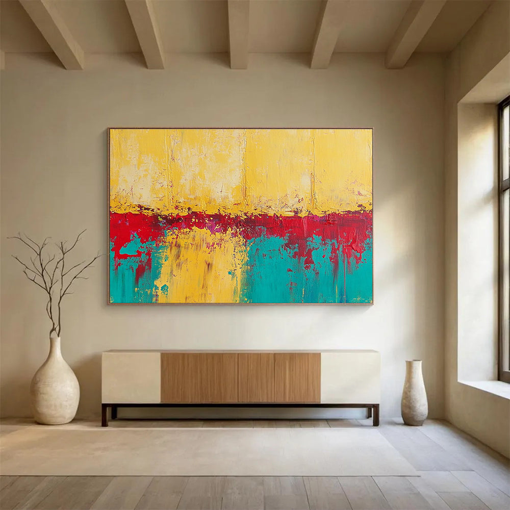 Large abstract painting featuring textured yellow sand with teal and red accents creating a vivid and captivating visual experience.SC269