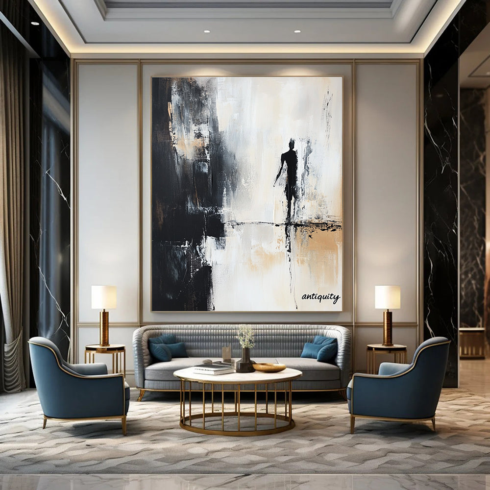 Large abstract painting featuring the text nostalgia in black white and gray tones with a shadowy figure and antiquity in the corner.STSC709
