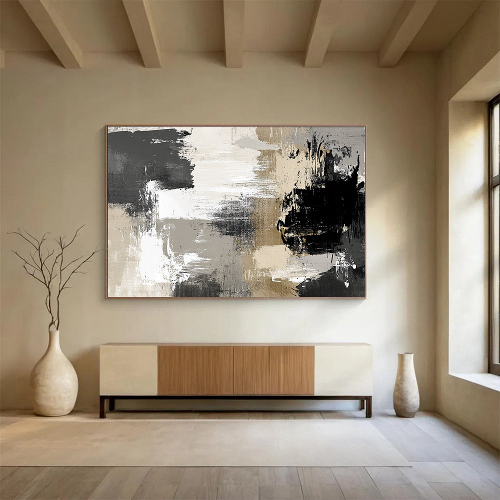 Large abstract painting in neutral gray beige and black tones featuring soft brushstrokes and elegant shapes perfect for contemporary home decor.SC507