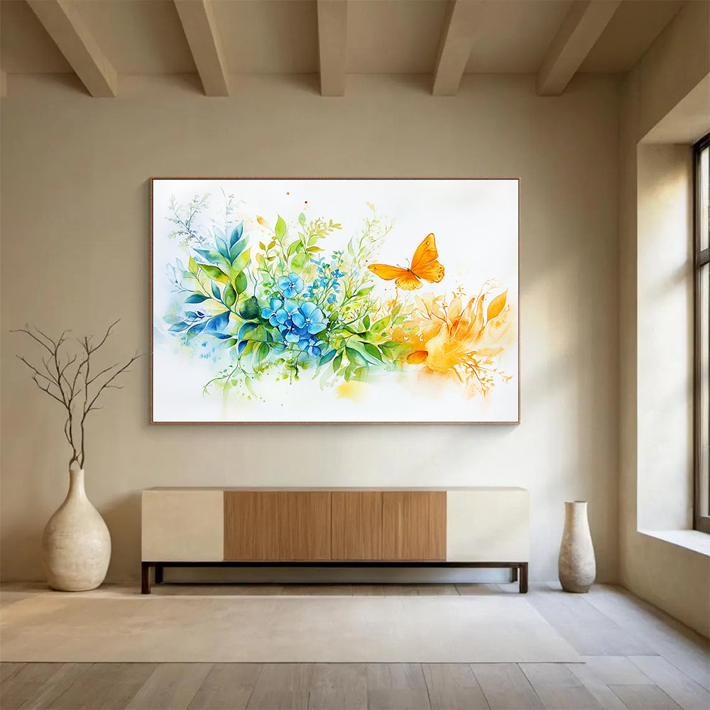 A large abstract painting features green leaves blue flowers and an orange butterfly with golden hands holding the bouquet creating a vibrant harmonious atmosphere.SC567