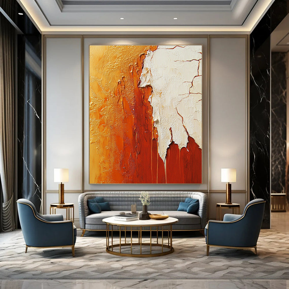 Large abstract painting featuring a red rock canyon in vibrant orange and white hues, showcasing intricate details and texture.STSC490