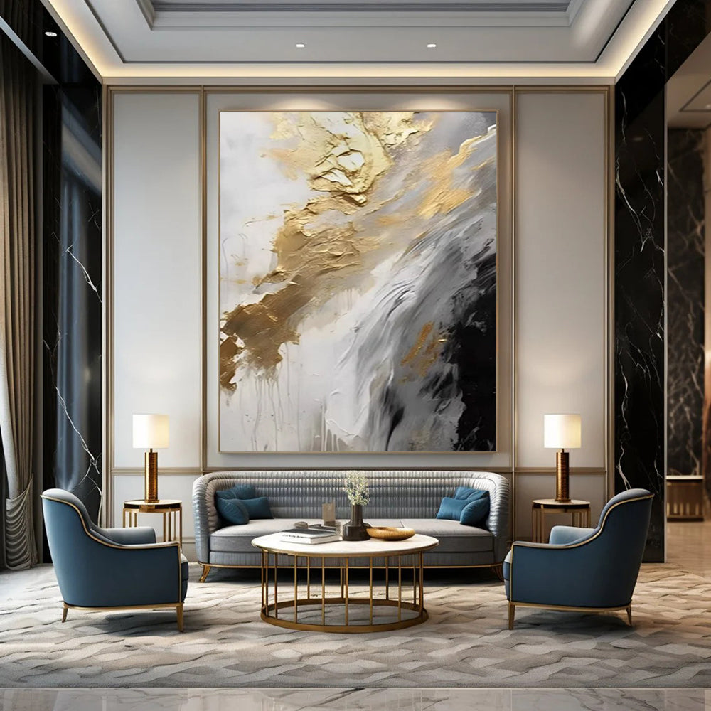 Gold Gray and White Abstract Painting with Flowing Textures ADGE302