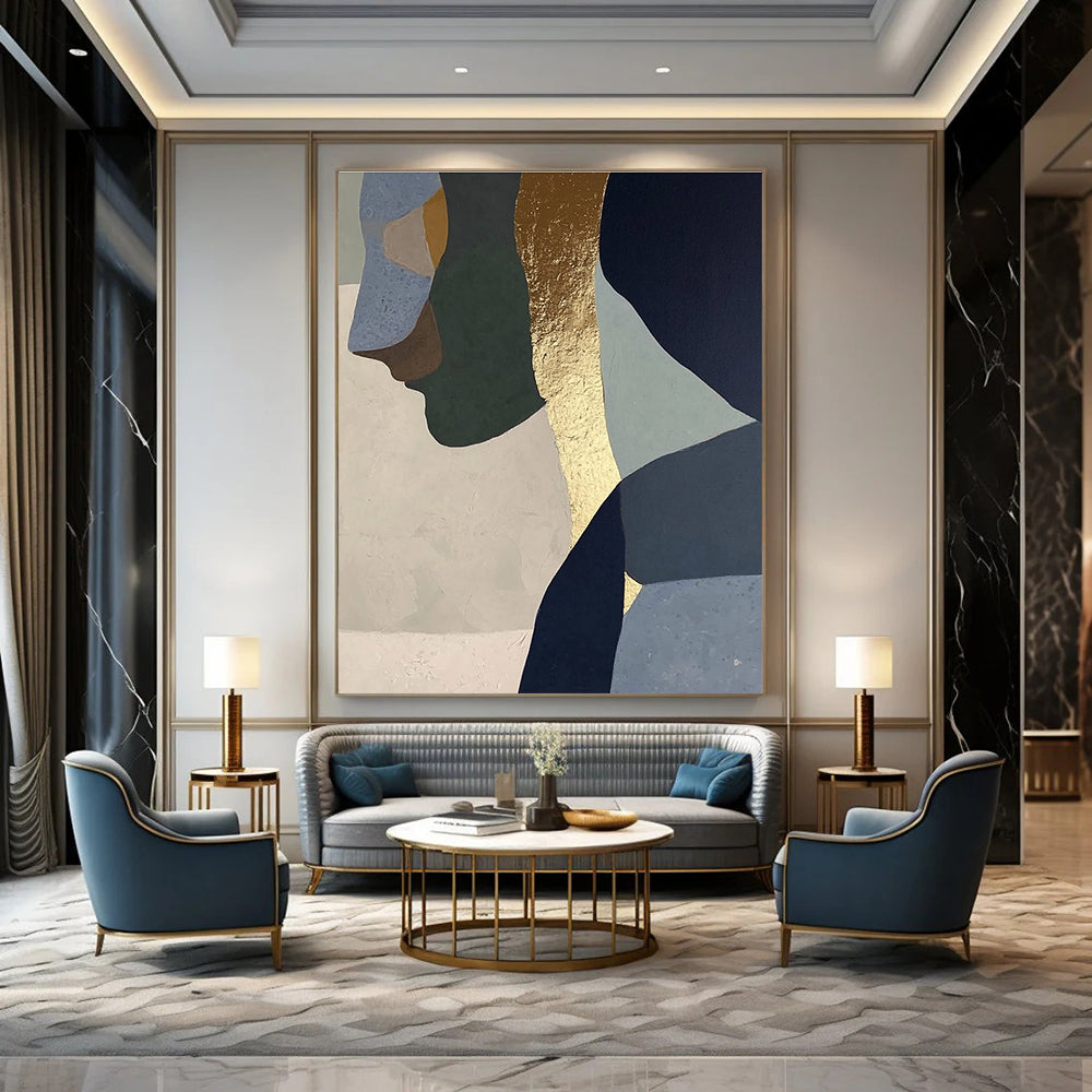 Abstract painting with gold foil depicting a woman in profile, blended neutral tones of sage green, blue, gray, beige, and navy blue.STSC756