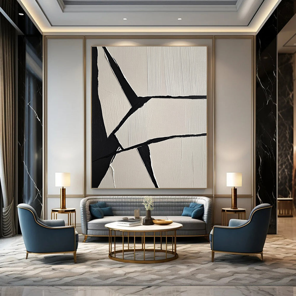 Large abstract painting featuring crumpled paper texture geometric shapes and a cloth detail in a modern gray color scheme.STSC1247