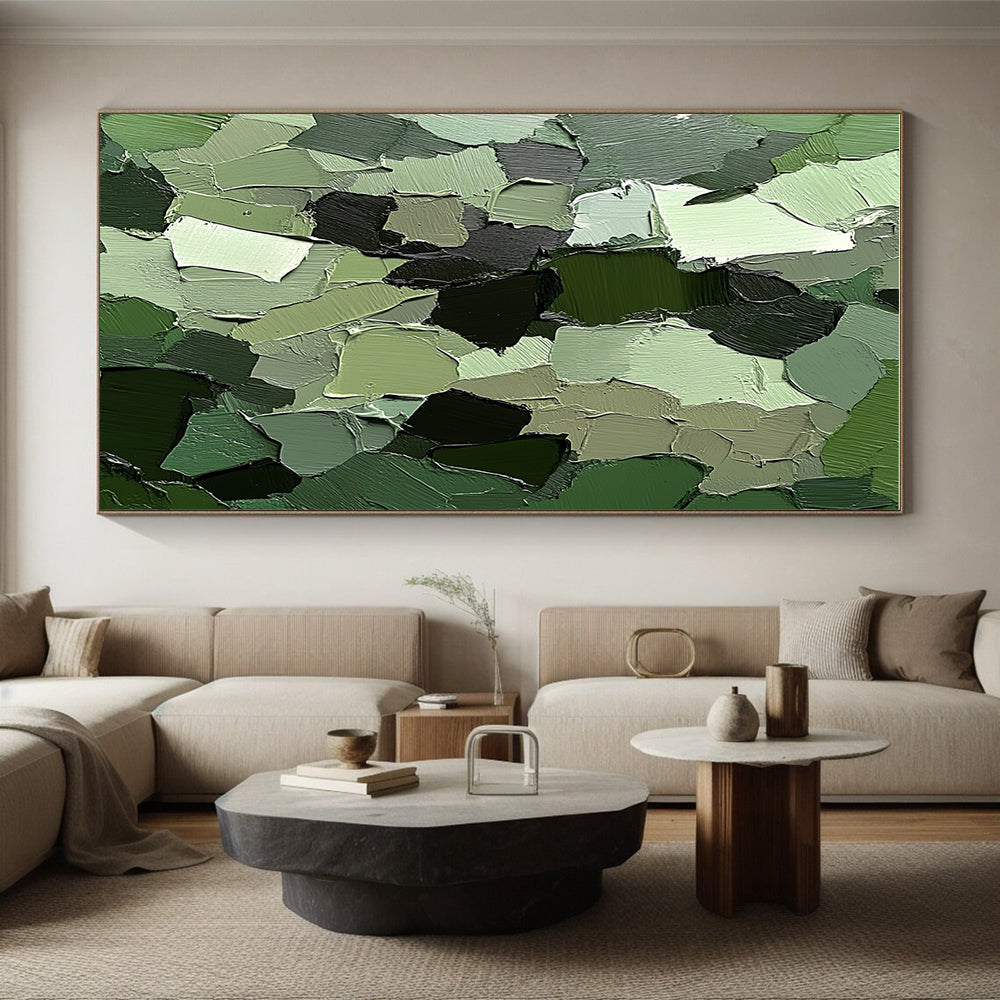 Green Patchwork Abstract Painting with Layered Shapes GER107