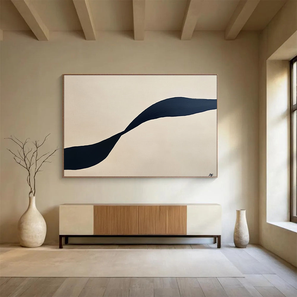Large abstract painting featuring a single black curved line on a cream background for minimalist aesthetic appeal.SC587