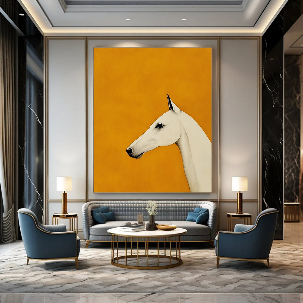 A large abstract painting featuring a minimalist Arabian greyhound design with a white horse's head on an orange background.STSC1063