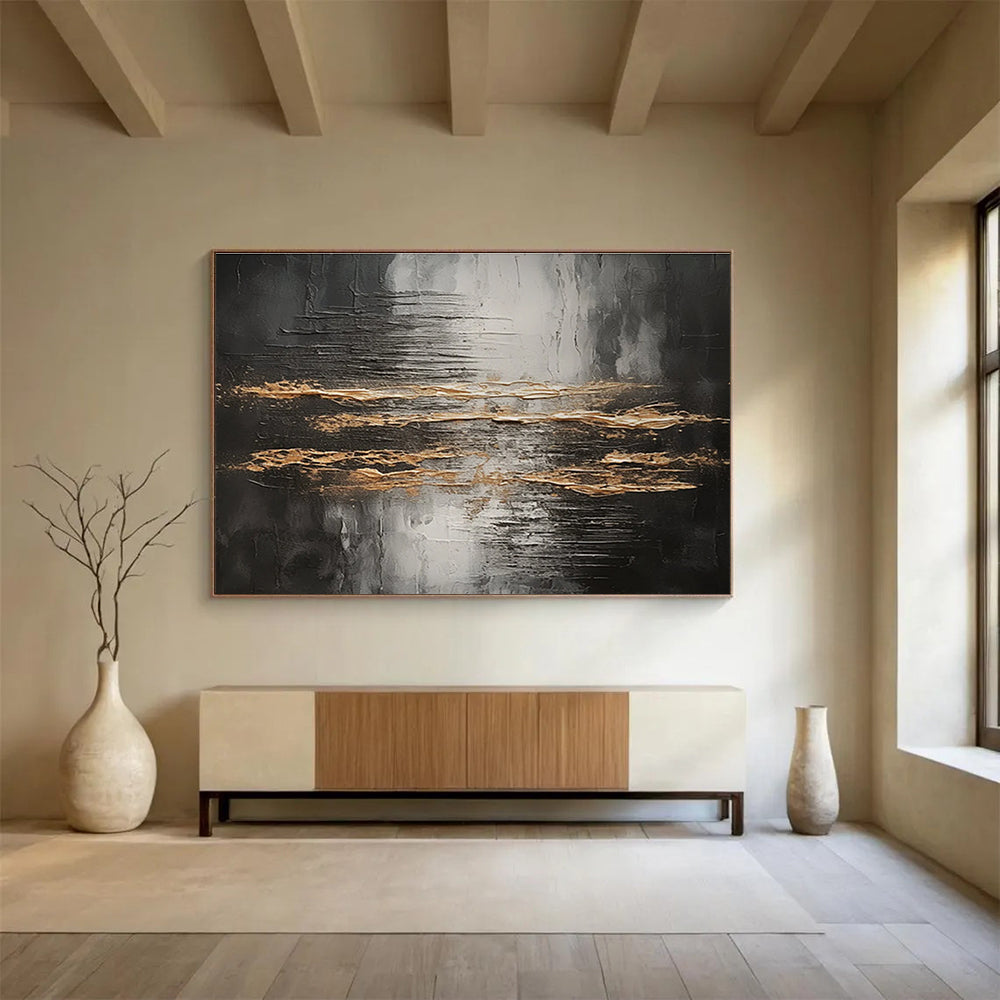Black and Gold Abstract Painting with Textured Patterns THY318