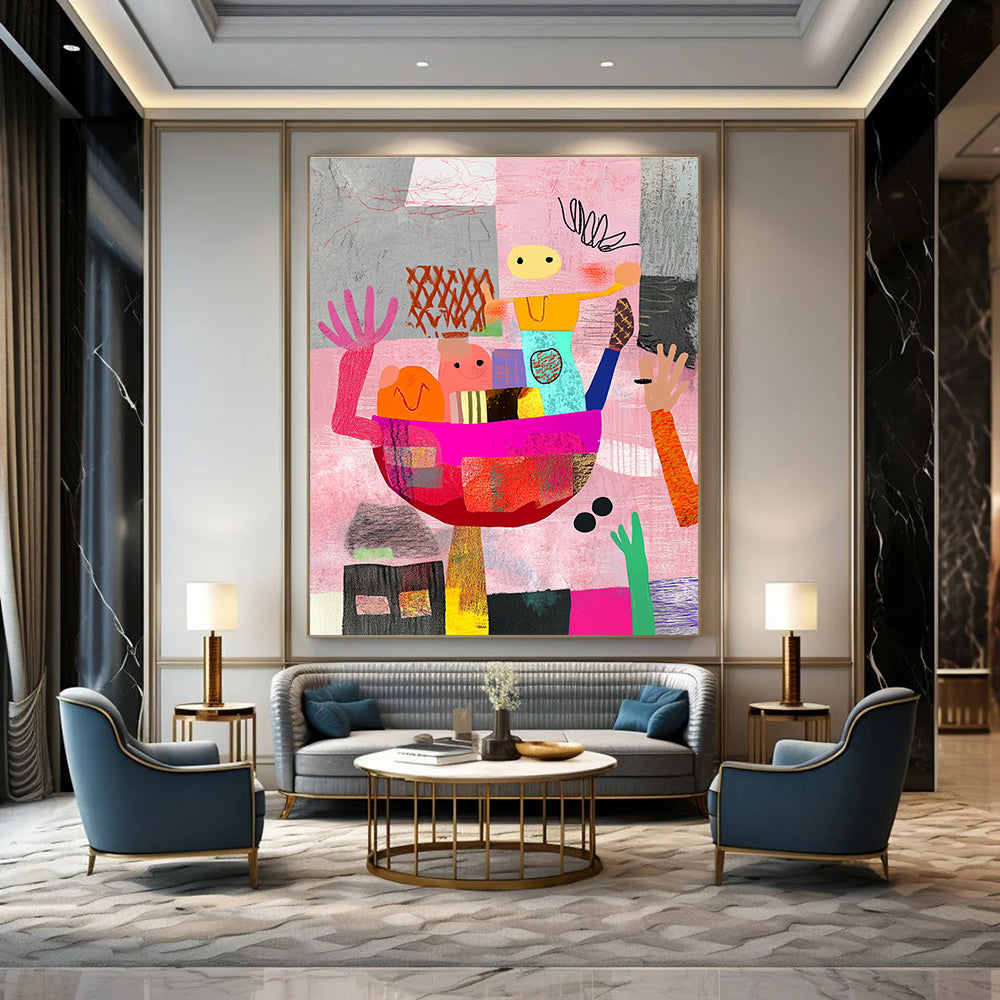 Large abstract artwork featuring whimsical shapes and people carrying an oversized food bowl against a pink and gray backdrop with colorful hand-drawn patterns.STSC968