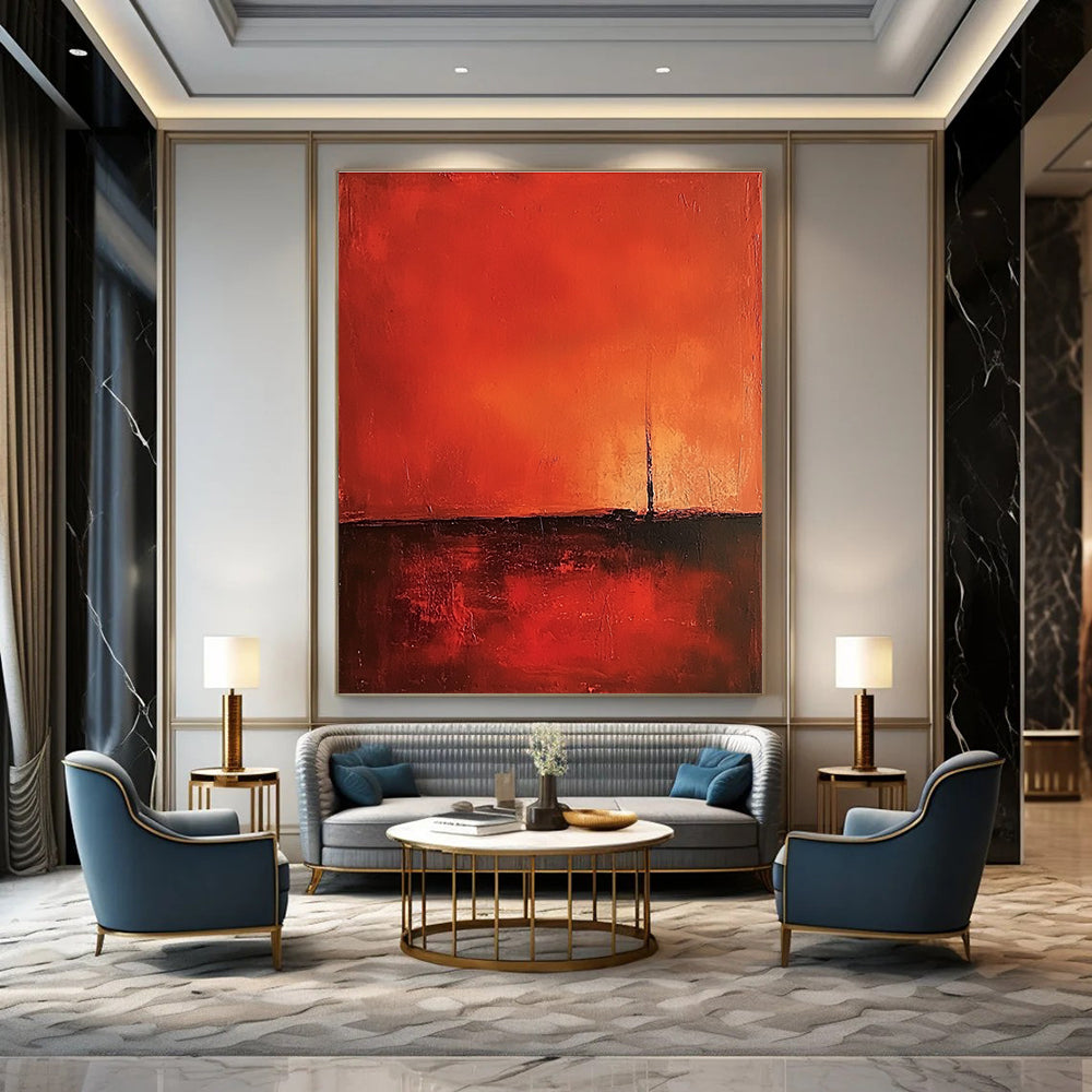 Abstract oil painting featuring a minimalist red background with warm tones and heavy brush strokes in a vintage style.STSC1377