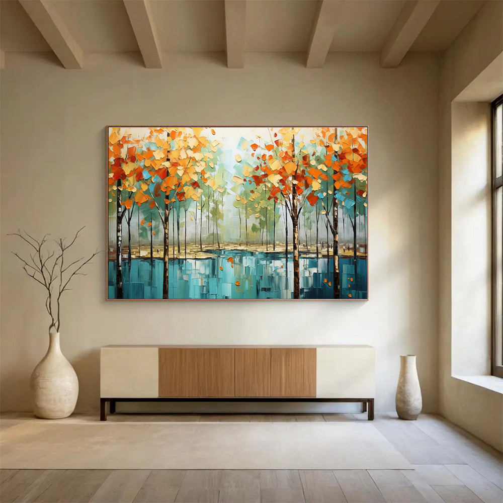 Autumn Forest Abstract Painting with Orange, Yellow, and Green Tones THY163