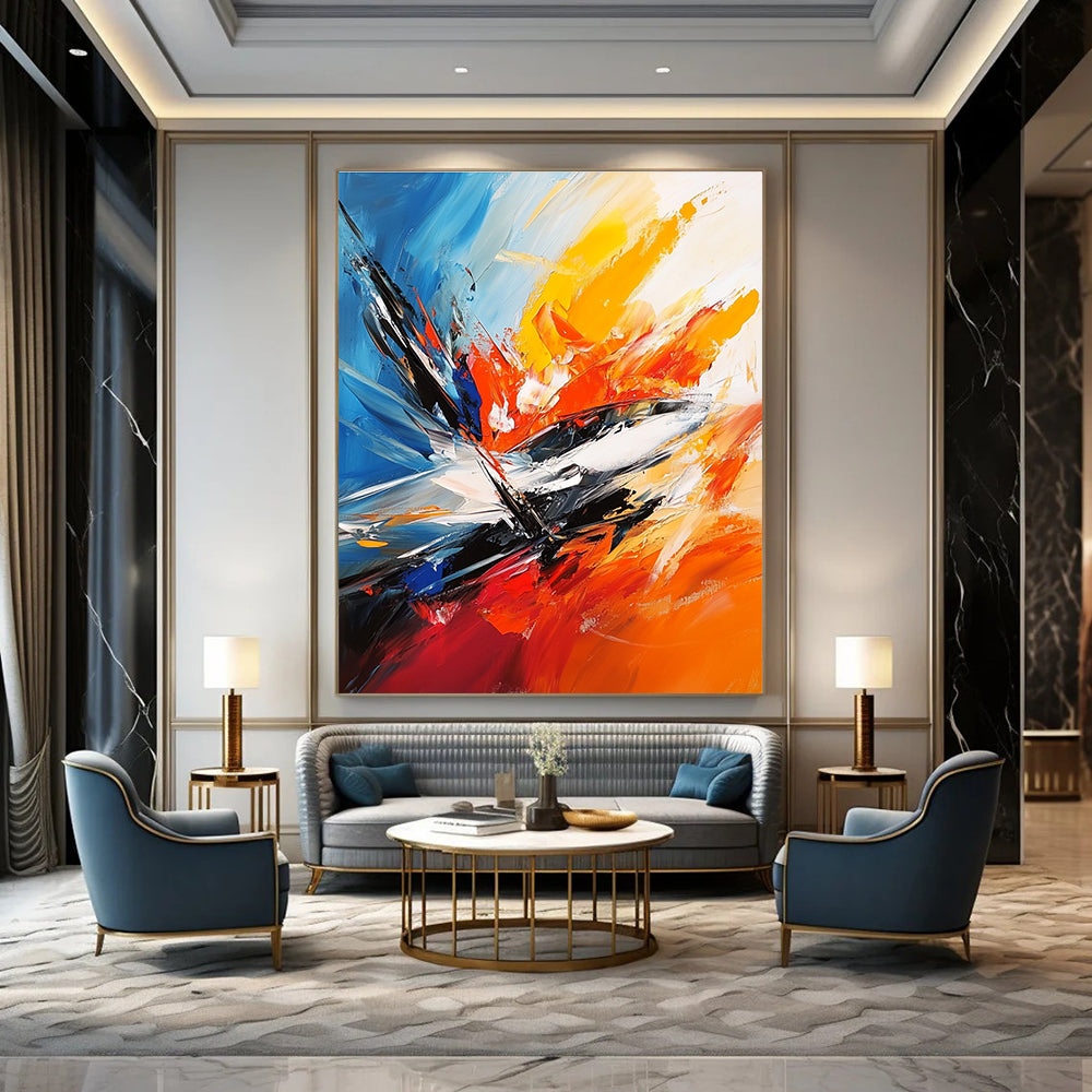 Large abstract painting featuring the F-20 fighter jet in a vibrant action scene with chaotic brush strokes and dynamic colors.STSC703