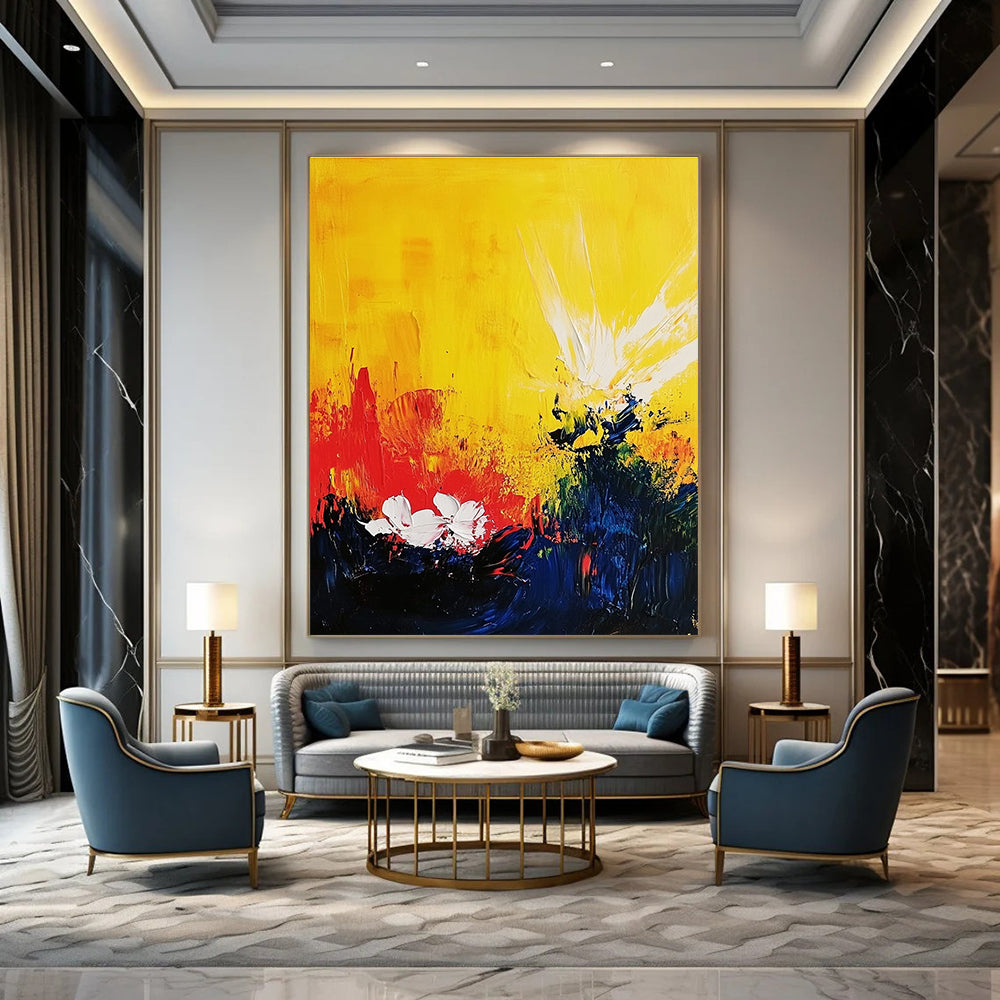Abstract painting with a yellow background features red and blue splashes white flowers and bright sun rays in a dynamic acrylic composition.STSC407