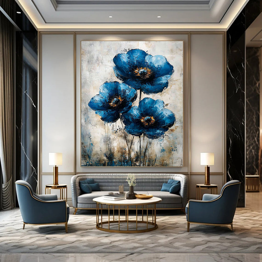 Abstract Blue Flower Painting features vintage flowers art on canvas perfect for enhancing your wall decor and creating a serene atmosphere.STSC040