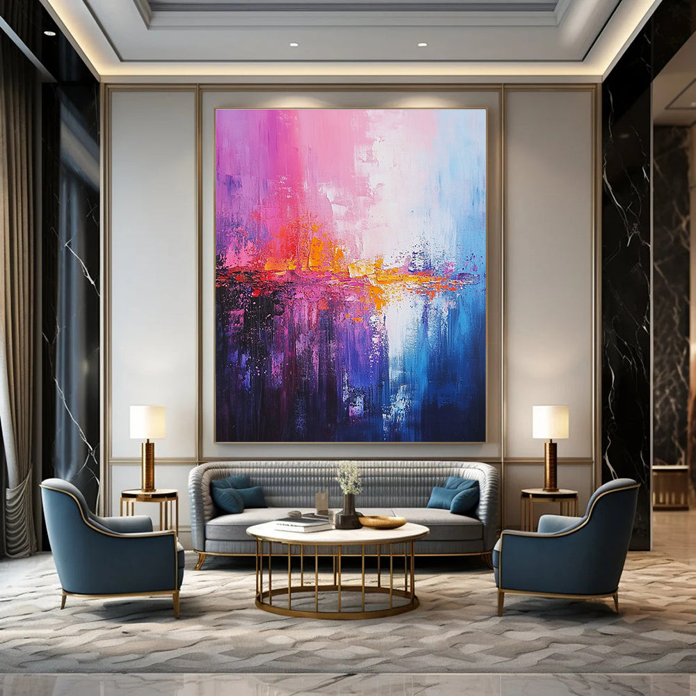 Large abstract painting of the sea featuring light pink dark blue and soft atmospheric effects in a dreamy impressionist style.STSC344