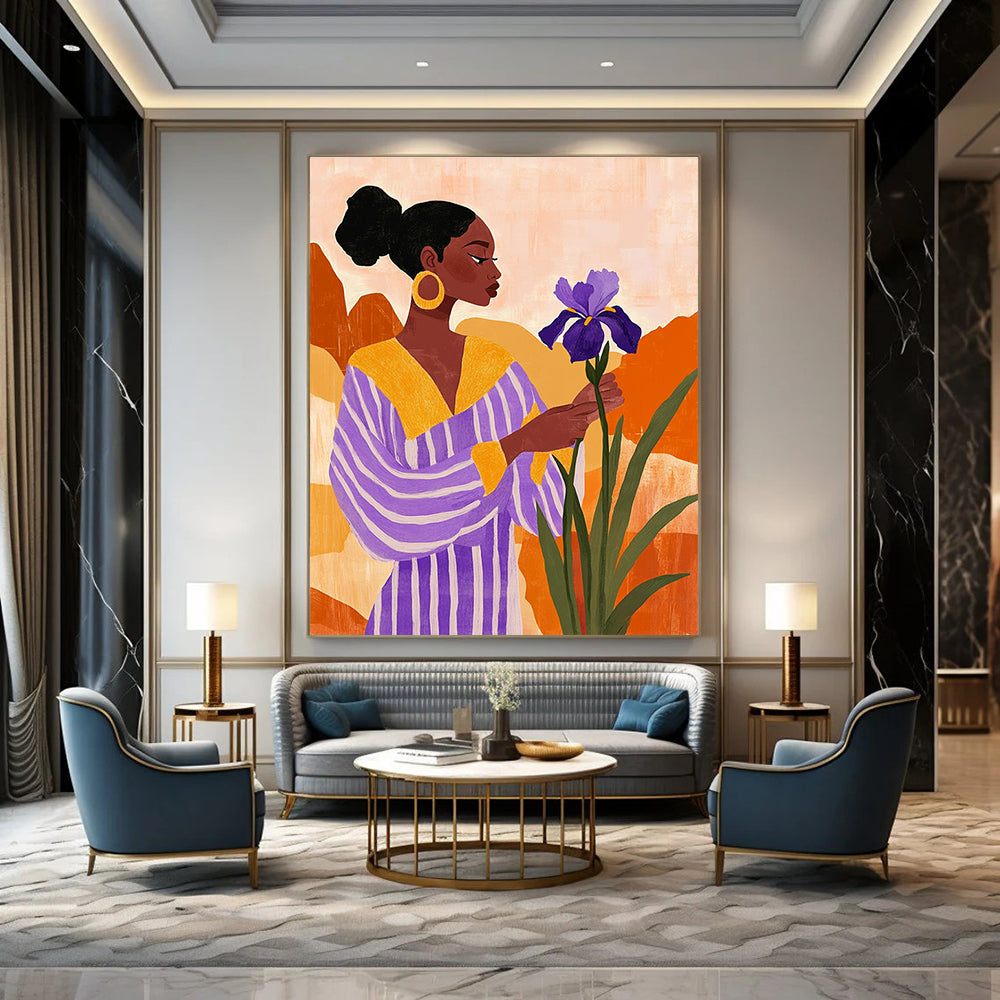 A large abstract painting featuring an African American woman with an iris flower in a vibrant desert landscape, styled with vintage aesthetics and textured elements.STSC535
