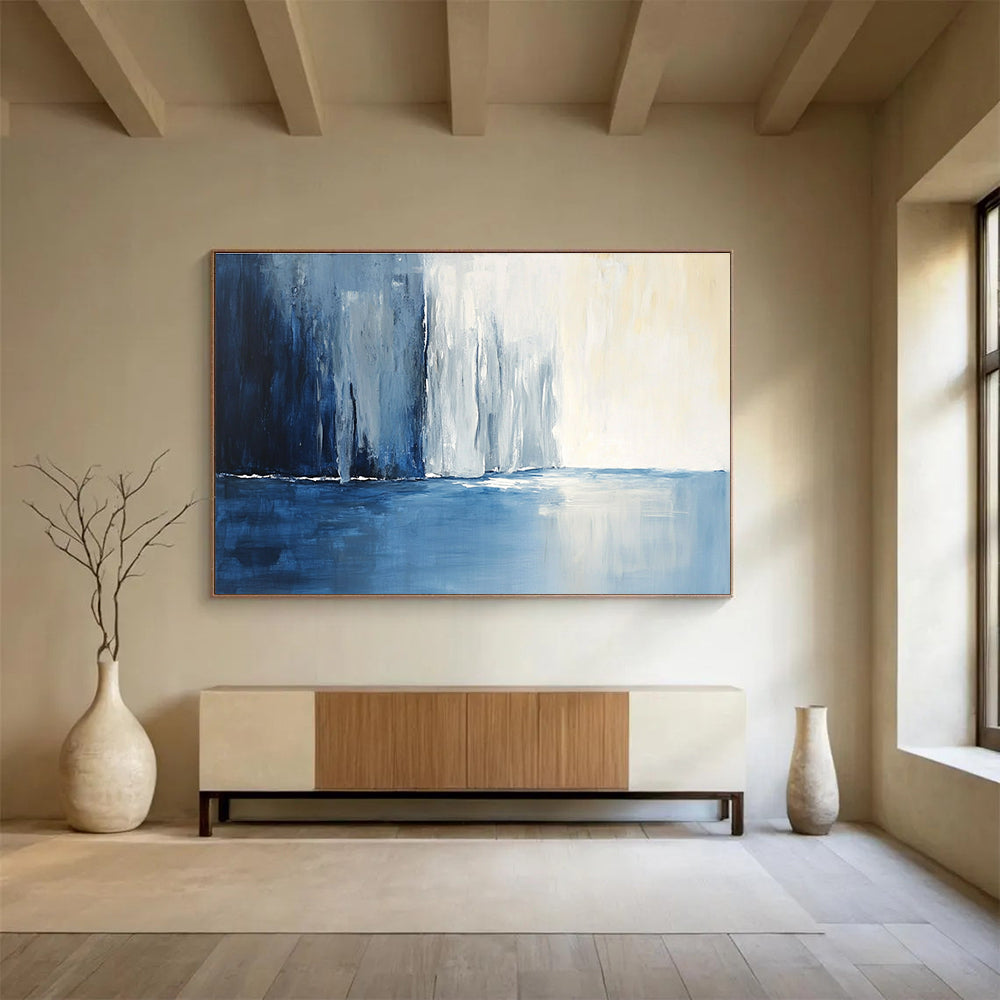 Large abstract painting of an icy blue river and snow-covered cliffs reflecting light, featuring dynamic brushstrokes and a deep gradient background.SC045
