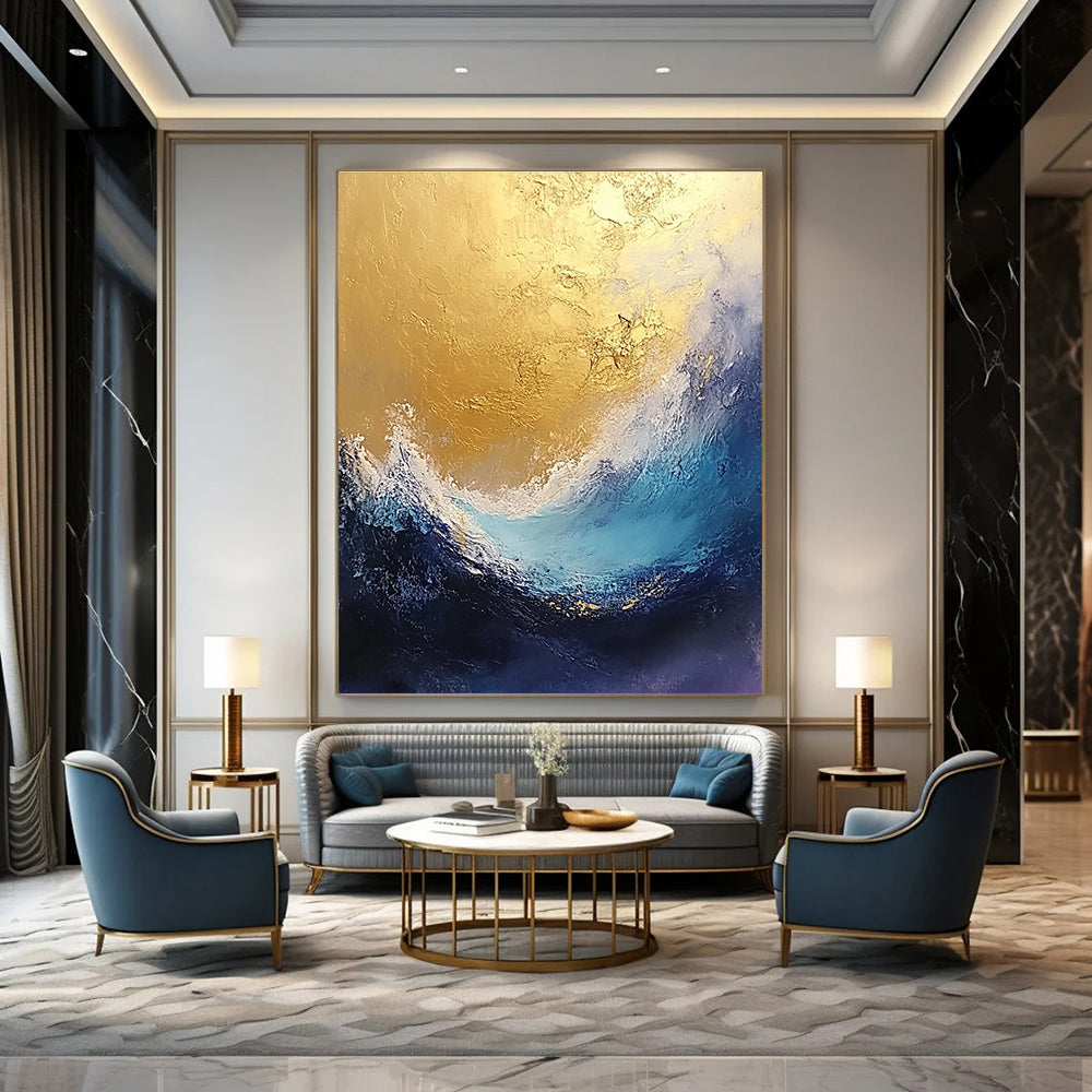 Large abstract painting depicting stormy seas in gold and blue tones with a textured finish perfect for enhancing any space.STSC334