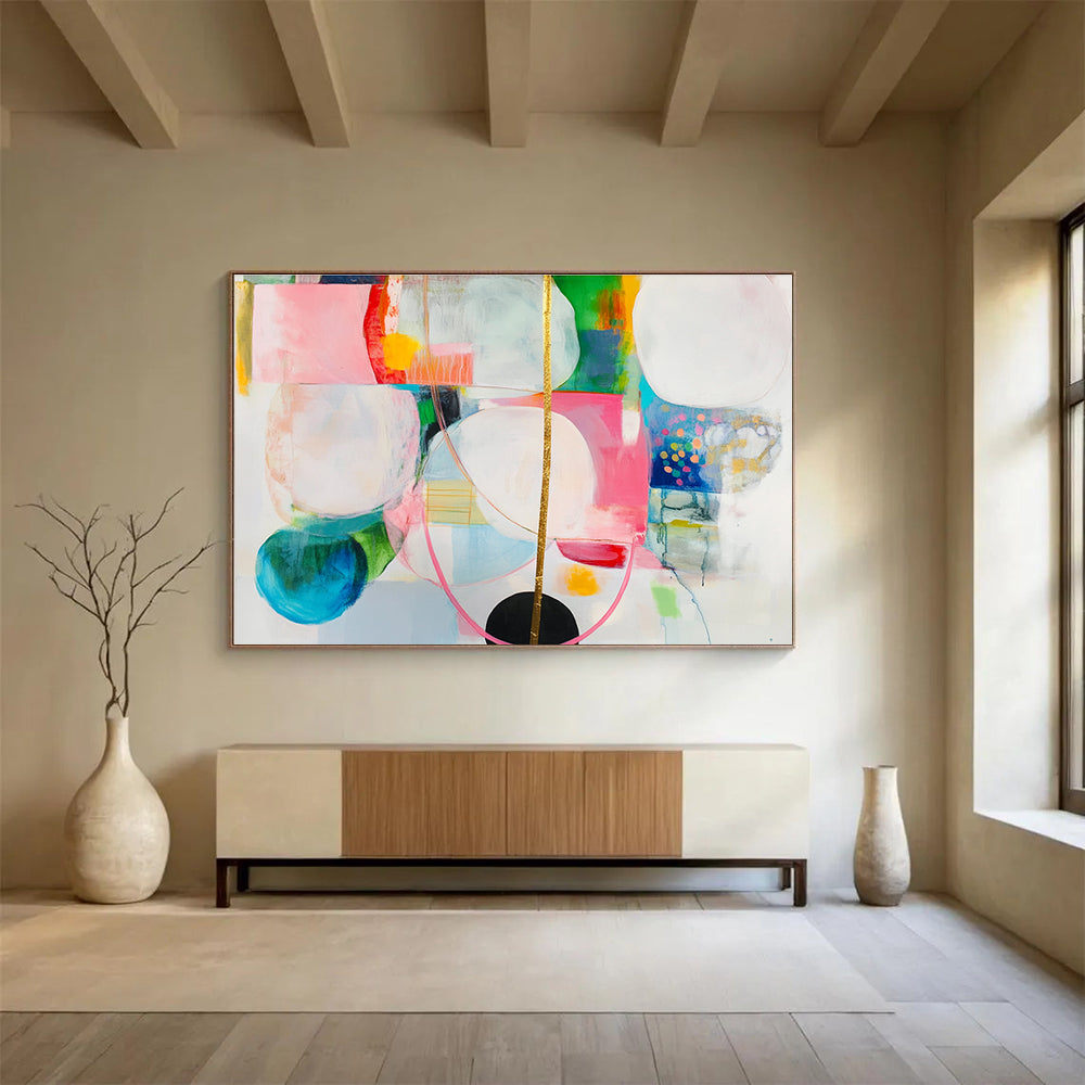 Large abstract painting with colorful shapes, gold lines, and a hanging golden string, featuring a black circle on a white background.SC375