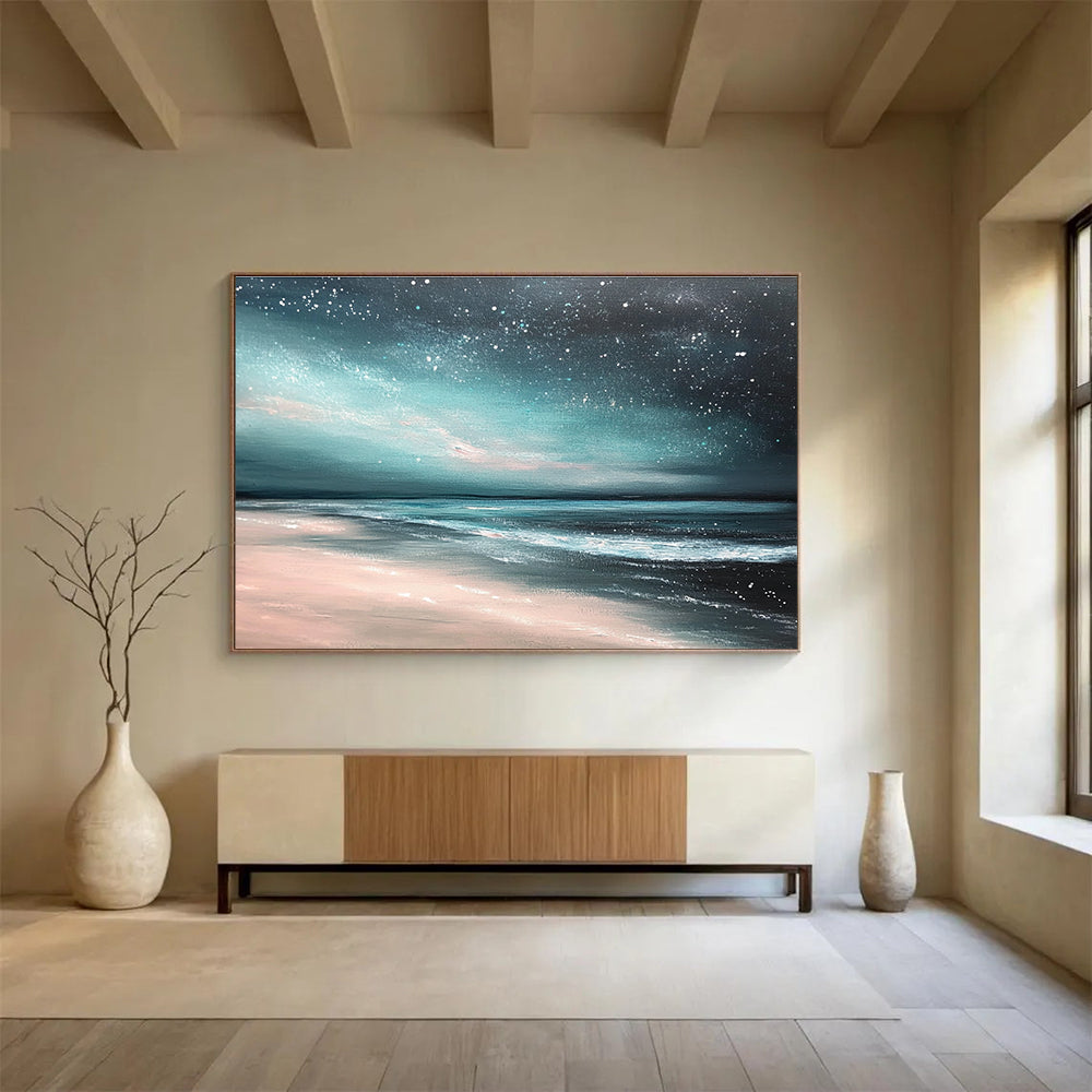 An abstract painting featuring a light teal and dark gray sky with stars, capturing a serene nighttime beach atmosphere.SC398