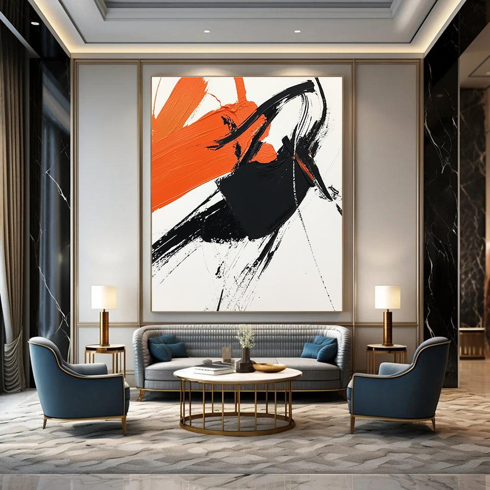 Abstract painting featuring black and orange on white paper with a cheering figure celebrating victory in a simplistic yet vibrant composition.STSC1274