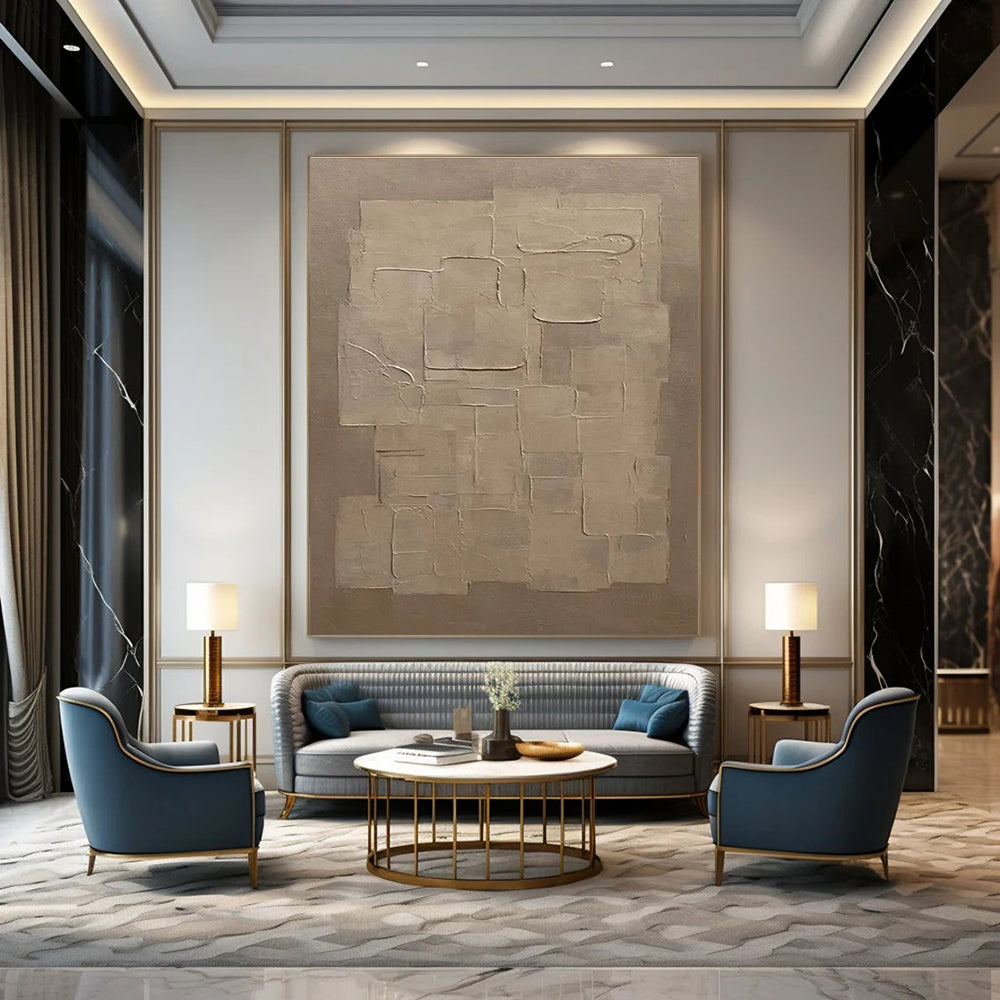 Beige Geometric Abstract Painting with Textured Squares ADGE490
