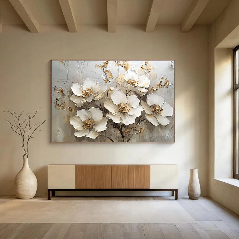 A large abstract painting featuring white flowers with gold accents on a white background, showcasing elegant details and soft lighting in a neutral palette.SC623