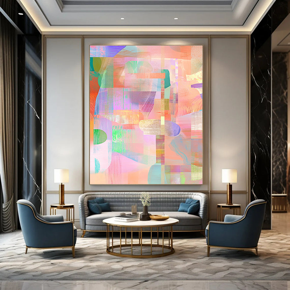 Large abstract illustration featuring a collage of shapes and patterns in pastel pink green orange blue and purple tones.STSC561