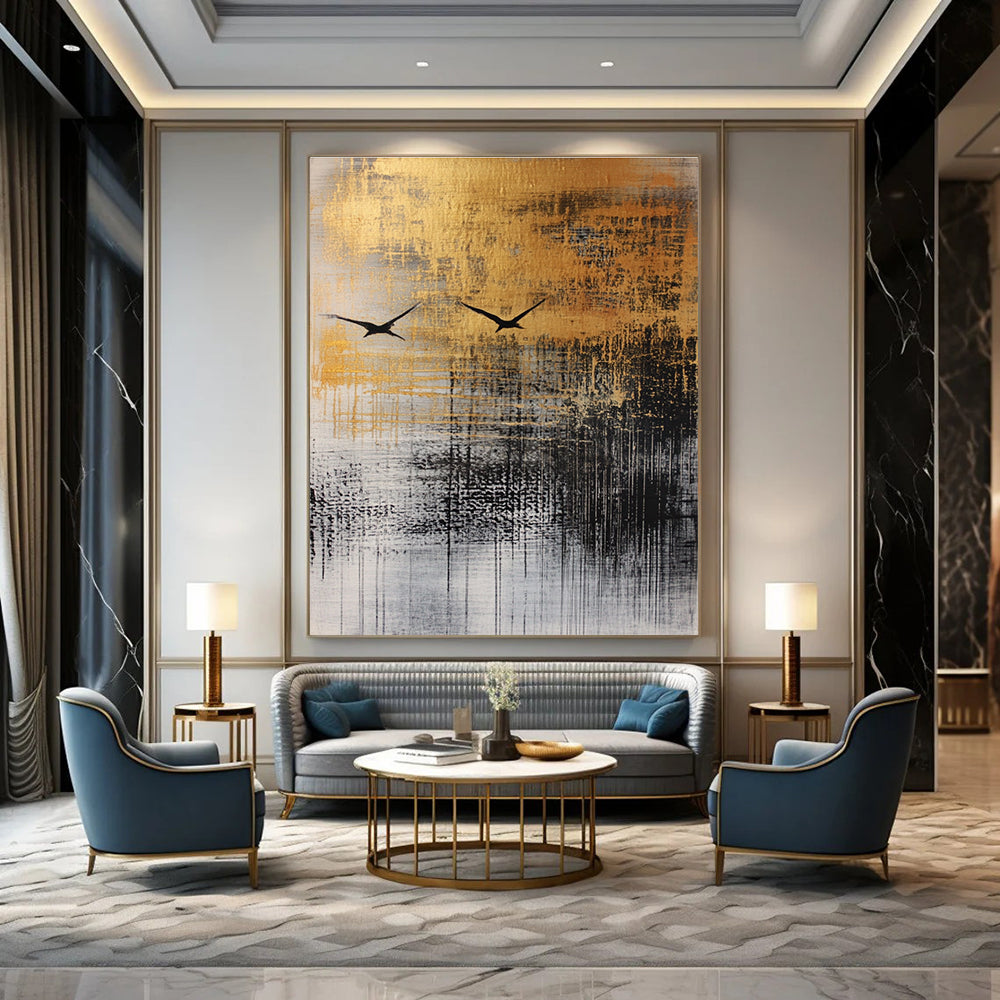 Large abstract painting featuring fluid ink wash techniques, textured materials, and a black bird in flight against a neutral autumnal background.STSC047