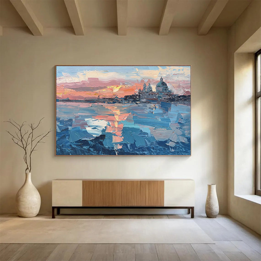 Pink Orange Blue Venice Sunset Abstract Painting THY460