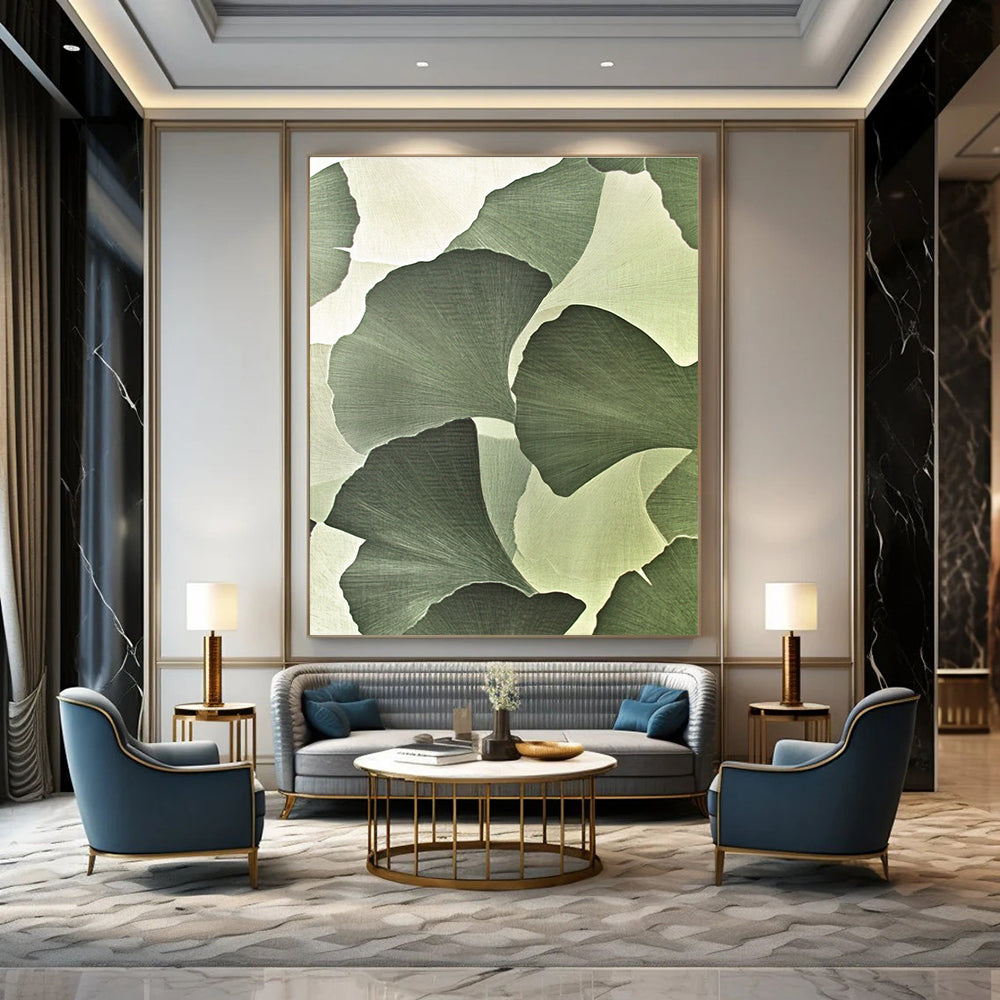 Large abstract painting featuring ginkgo leaves in strong geometric elements with silk-like texture and high-definition detail on a light green and white background.STSC942