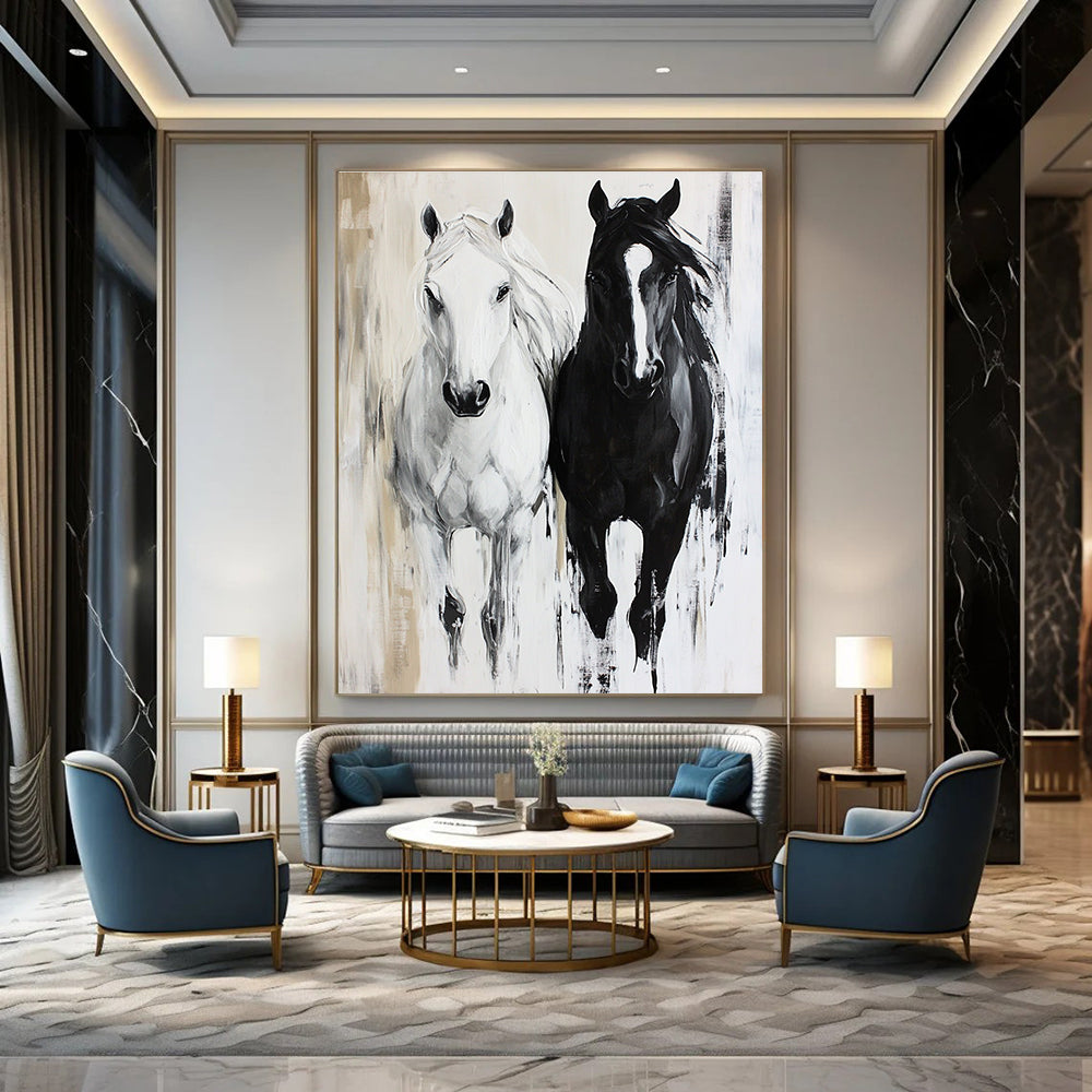 Large Abstract Painting Featuring Two Horses A White and a Black Horse in a Unique Artistic Expression.STSC1452