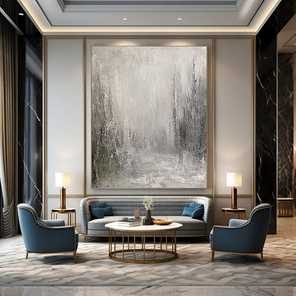 Large abstract painting featuring an atmospheric urban landscape in muted grey and white tones with heavy texture and a mysterious depth.STSC487