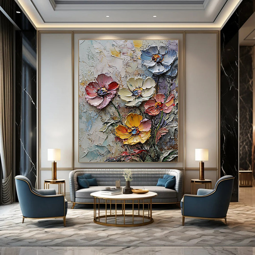 Large abstract painting of wildflowers in thick impasto texture and muted colors with densely clustered blossoms and rich background detail.STSC1302