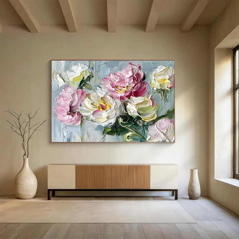 Large abstract painting featuring peonies and roses in vibrant shades on a textured grey background with impasto brushstrokes.SC125