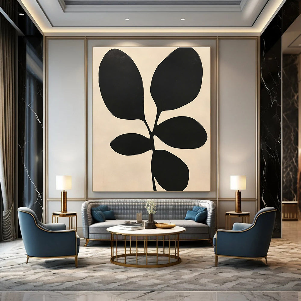 Large abstract painting featuring minimalist black and white shapes resembling leaves inspired by Henri Matisse's style.STSC1078