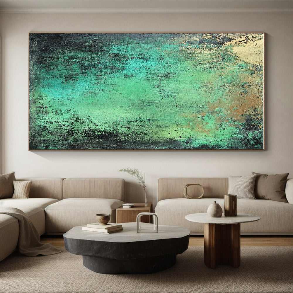 Green Blue and Gold Abstract Painting with Rustic Textures GER039