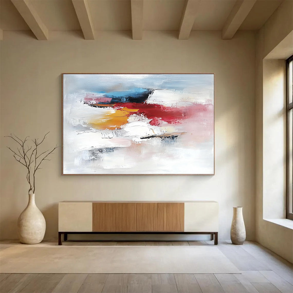 Large abstract painting featuring a serene ice landscape with white light blue hints of red and pink soft brush strokes and textured details.SC157