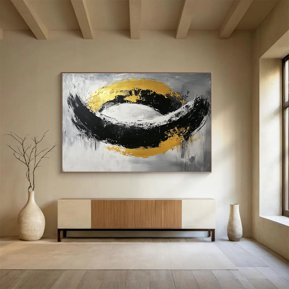 Black White and Gold Abstract Painting with Bold Shapes DYP296