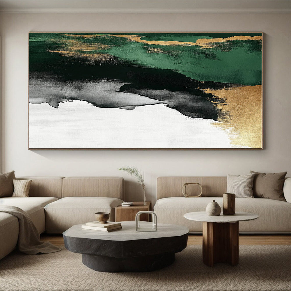 Green Gold Gray and White Abstract Painting with Flowing Textures GER633