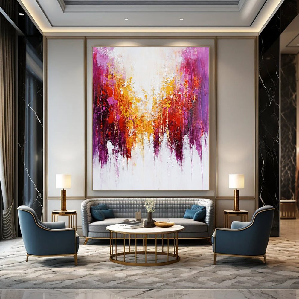 Large abstract painting featuring soft red and purple brushstrokes with hints of yellow and dripping paint on a white background.STSC416