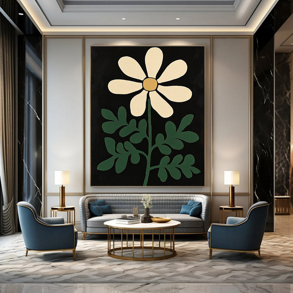 Large abstract painting featuring green fern and white flower on a black background inspired by the styles of Henri Matisse and Bob Staake.STSC1300