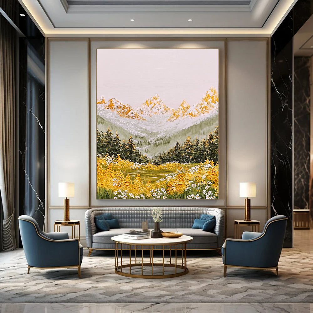 A large abstract painting of dreamy Alps with golden peaks green mountains flowers trees and bright sun in a light watercolor style.STSC1441