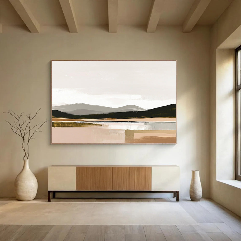 Large abstract painting in muted colors and neutral tones with thick brush strokes inspired by the Scottish Highlands on a beige background.SC081