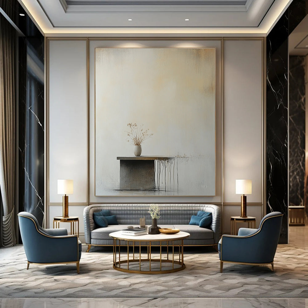 Abstract painting of an empty wall featuring a small table and flower vase in soft beige and gray tones with minimalist aesthetic.STSC641