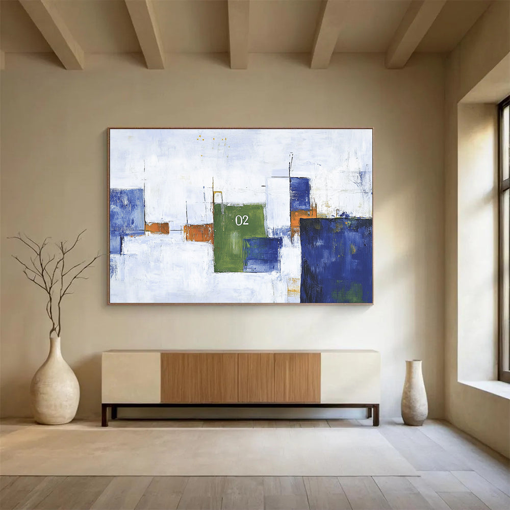 Geometric Numbered Abstract Painting with Blue Green and Orange DYP323