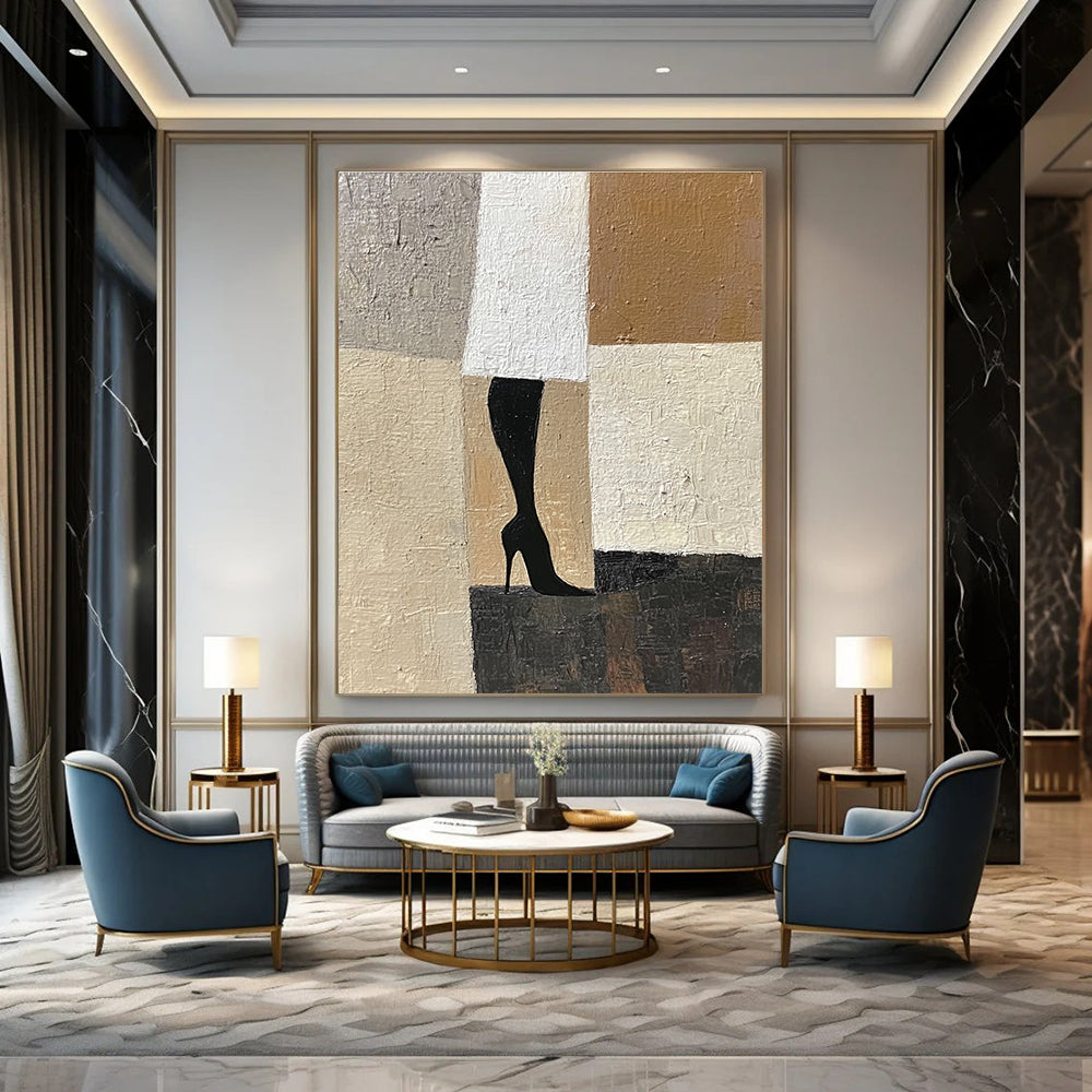 Large abstract painting featuring a woman's legs in Art Deco and Cubism style with a beige white and black palette on textured canvas.STSC1327