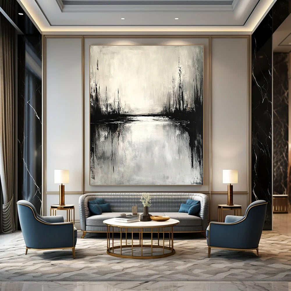 Large abstract painting depicting an overcast landscape with water reflections in muted tones evoking calmness and simplicity.STSC022