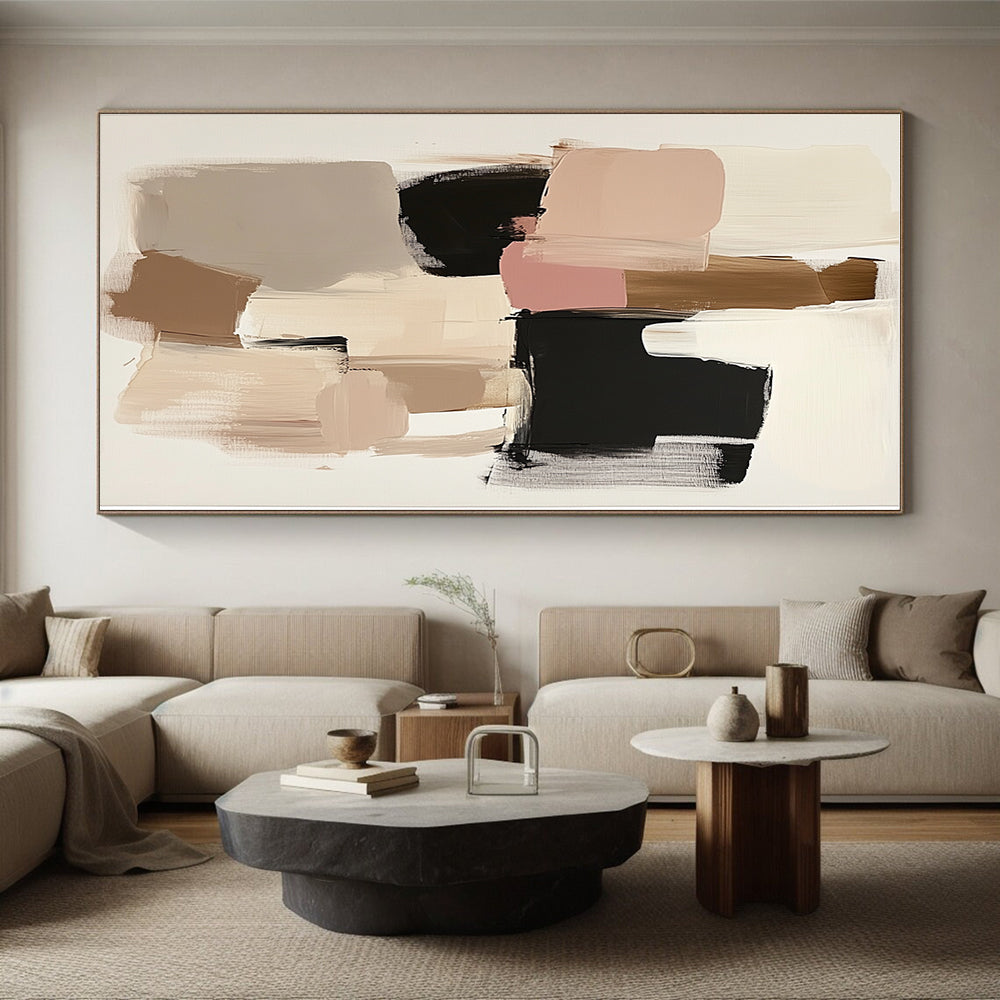 Beige Pink and Black Abstract Painting with Geometric Shapes GER480